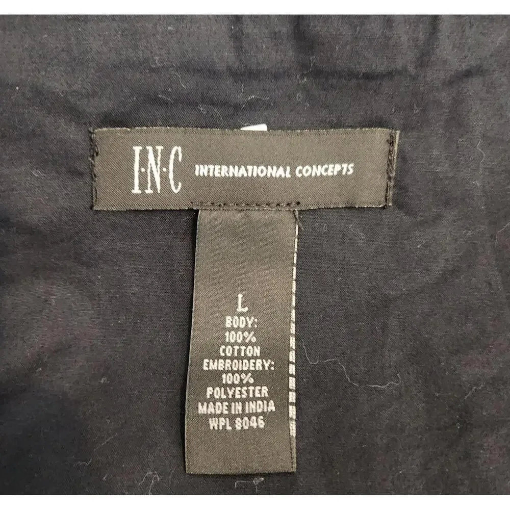 INC International Concepts Shirt Womens Large Black Floral Embroidered Ruffle